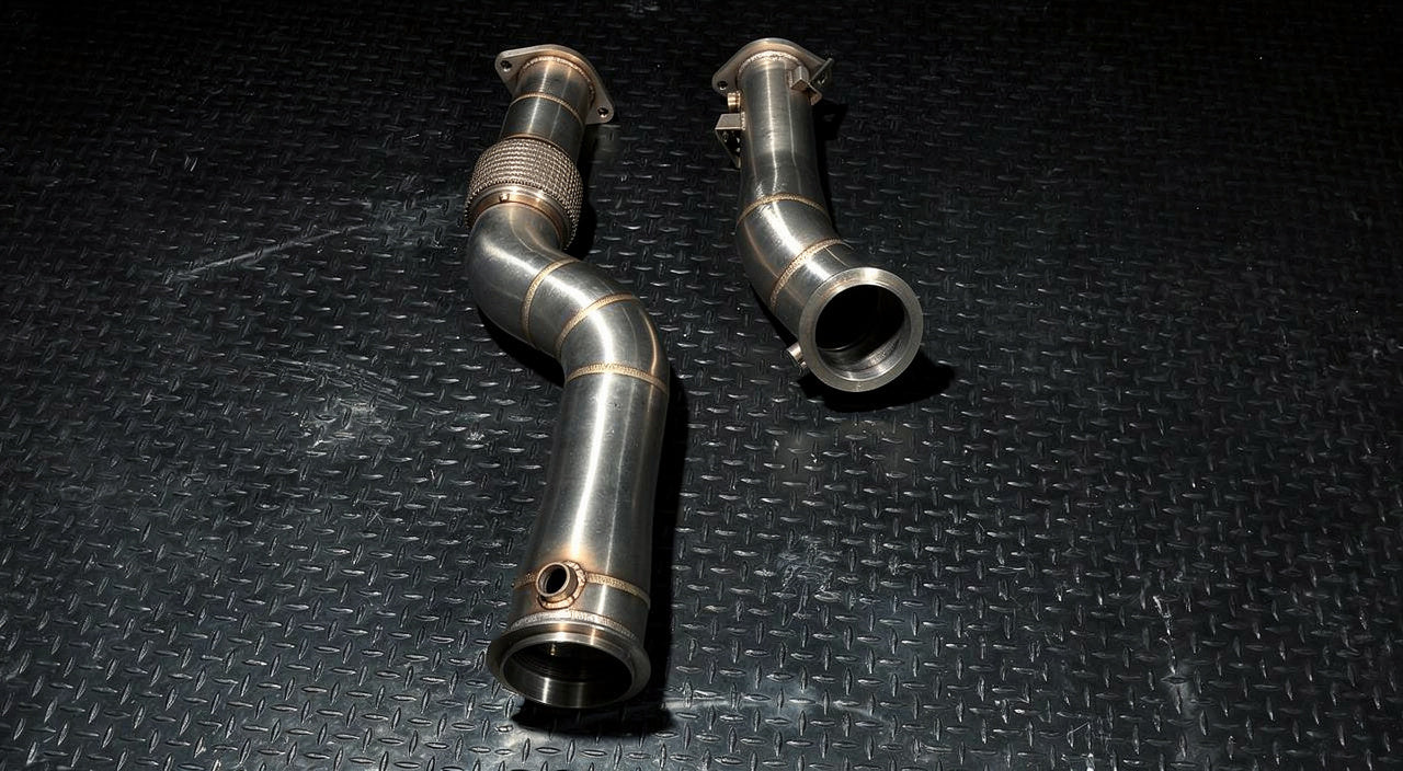 Bare polished stainless S58 downpipes with V-band flanges
